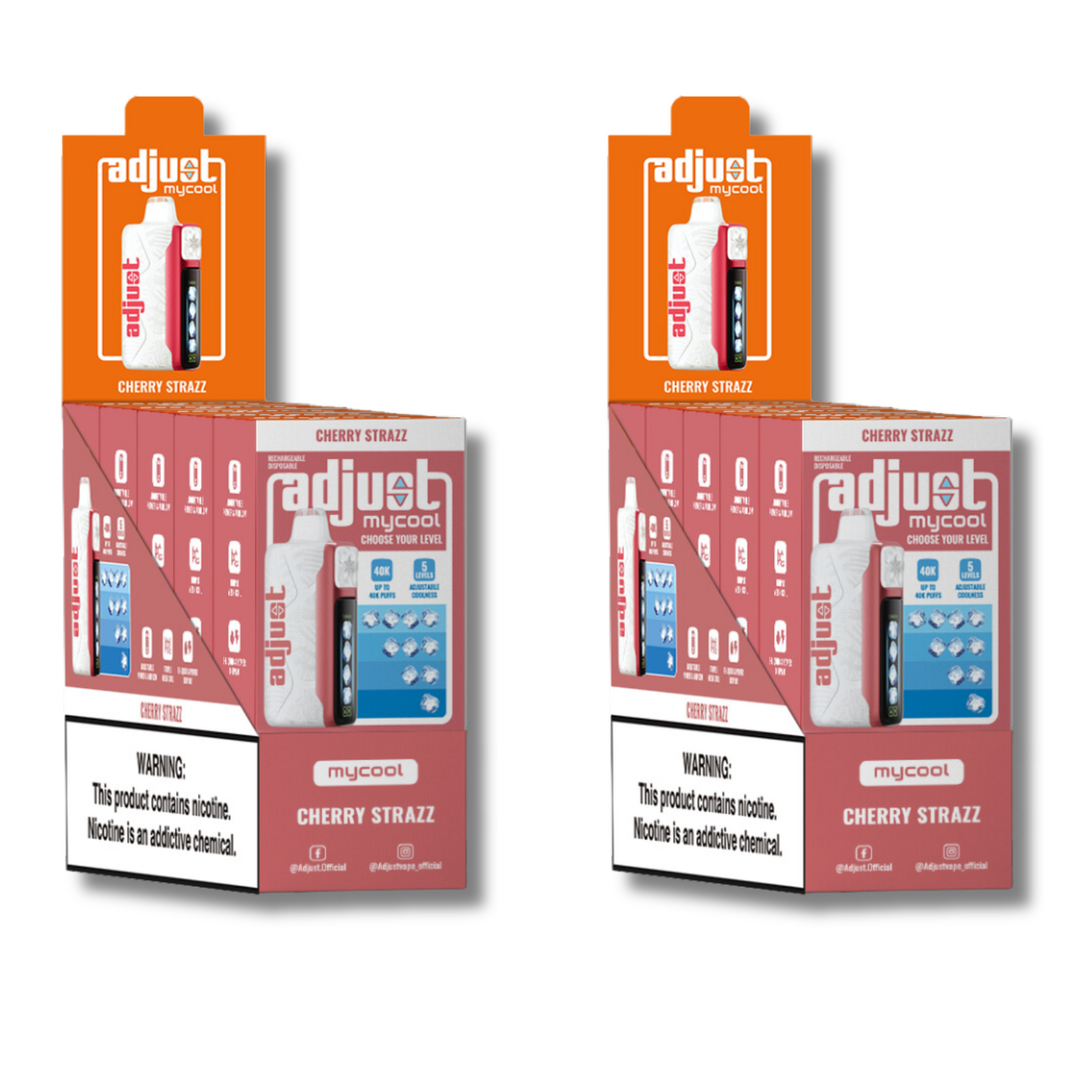 Adjust MyCool Cherry Strazz 40K Puffs Disposable Vape Packaging - Display of 10 packs featuring cherry flavor, adjustable ice level feature, 5% nicotine strength, sleek white and red design, with a prominent nicotine addiction warning label
