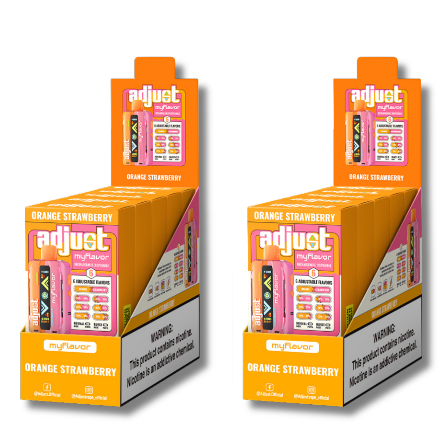 Adjust MyFlavor Orange Strawberry 40K Puffs Disposable Vape Packaging - Retail display of 10 packs featuring Orange Strawberry-flavored vape with 6 adjustable flavor intensity settings, rechargeable design, 5% nicotine strength, vibrant orange and pink packaging, and a prominently displayed nicotine warning label.