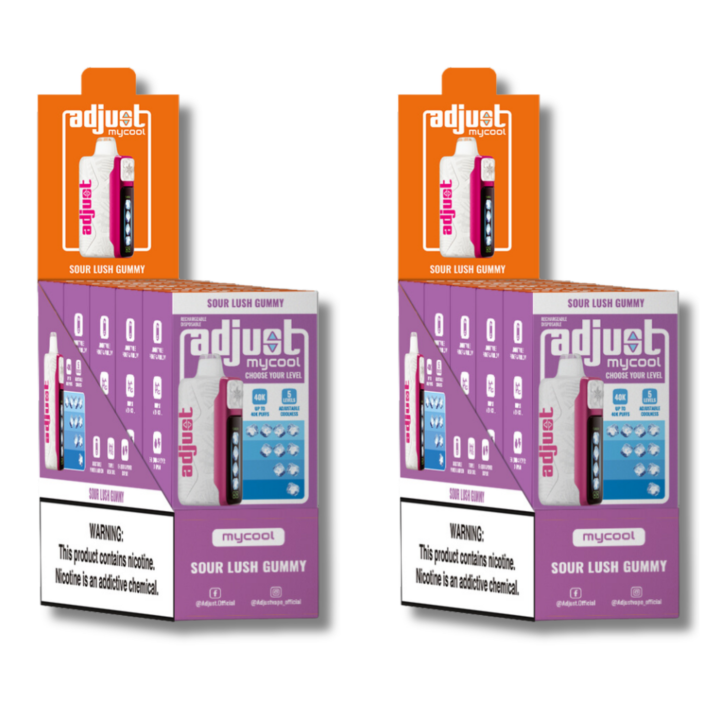 Adjust MyCool Sour Lush Gummy 40K Puffs Disposable Vape Packaging - Retail display of 10 packs featuring sour gummy-flavored vape with adjustable ice cooling feature, 5% nicotine strength, vibrant purple and white design, and a prominently displayed nicotine warning label.