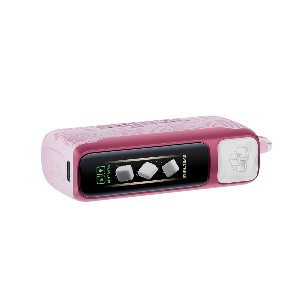 Adjust MySweet Triple Berry Disposable Vape Device - Featuring a sleek pink and white design with intricate patterns, rechargeable functionality, and adjustable sweetness levels for a modern vaping experience.