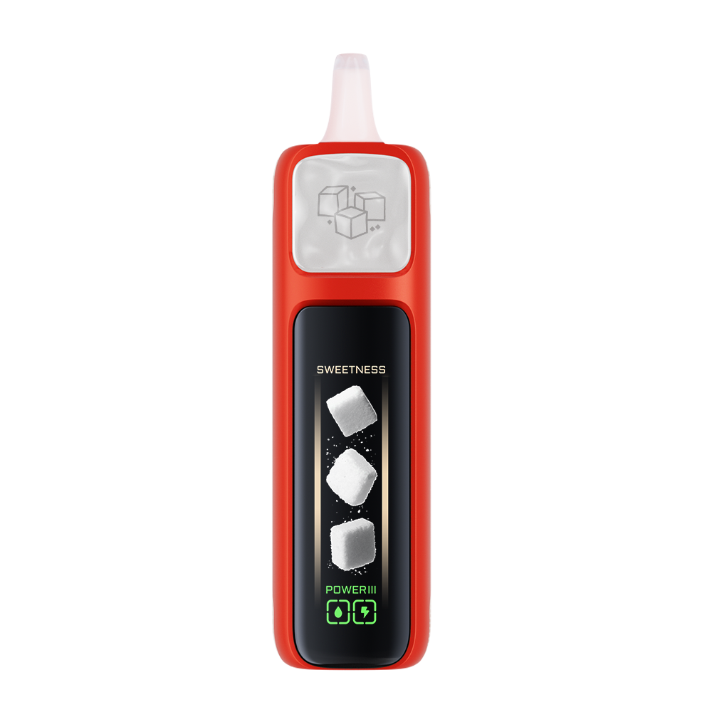 Adjust MySweet Disposable Vape Device in Red and White - Featuring a sleek rechargeable design with adjustable sweetness levels displayed on an interactive screen, offering a modern vaping experience.
