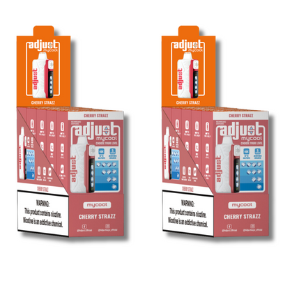 Adjust MyCool Cherry Strazz 40K Puffs Disposable Vape Packaging - Display of 10 packs featuring cherry flavor, adjustable ice level feature, 5% nicotine strength, sleek white and red design, with a prominent nicotine addiction warning label