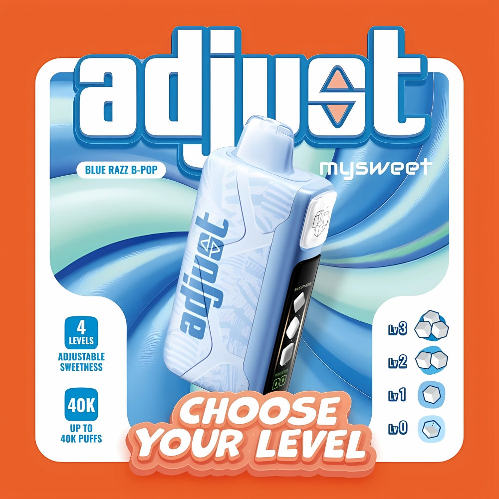Adjust MySweet vape device with 4 levels of adjustable sweetness and up to 40K puffs, showcasing the Blue Razz B-Pop flavor and an attractive ‘Choose Your Level’ graphic.