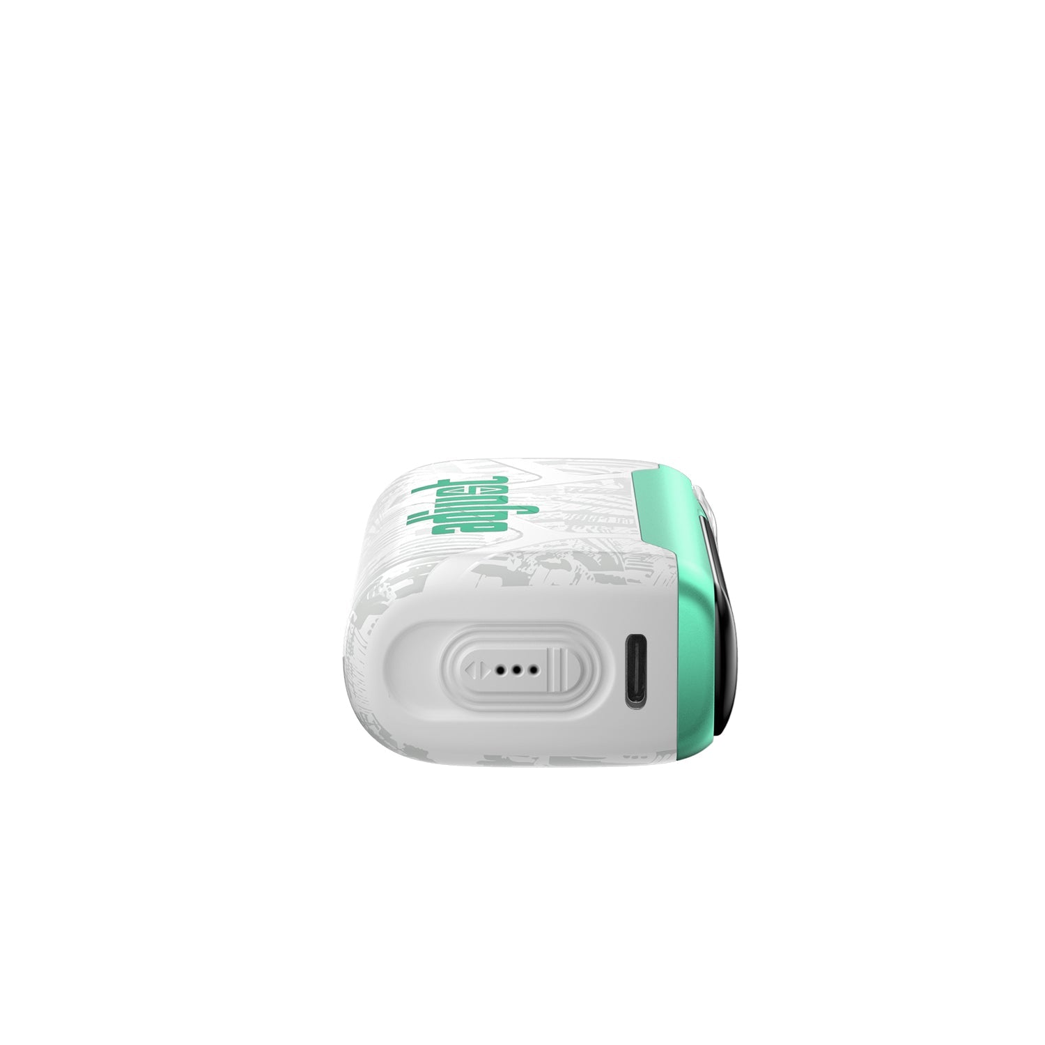 Adjust MyCool Baja Splash 40k disposable vape, featuring a modern white and teal design with embossed patterns, a prominent cooling adjustment button, digital display, and illuminated ice crystal indicators for customizable coolness settings.