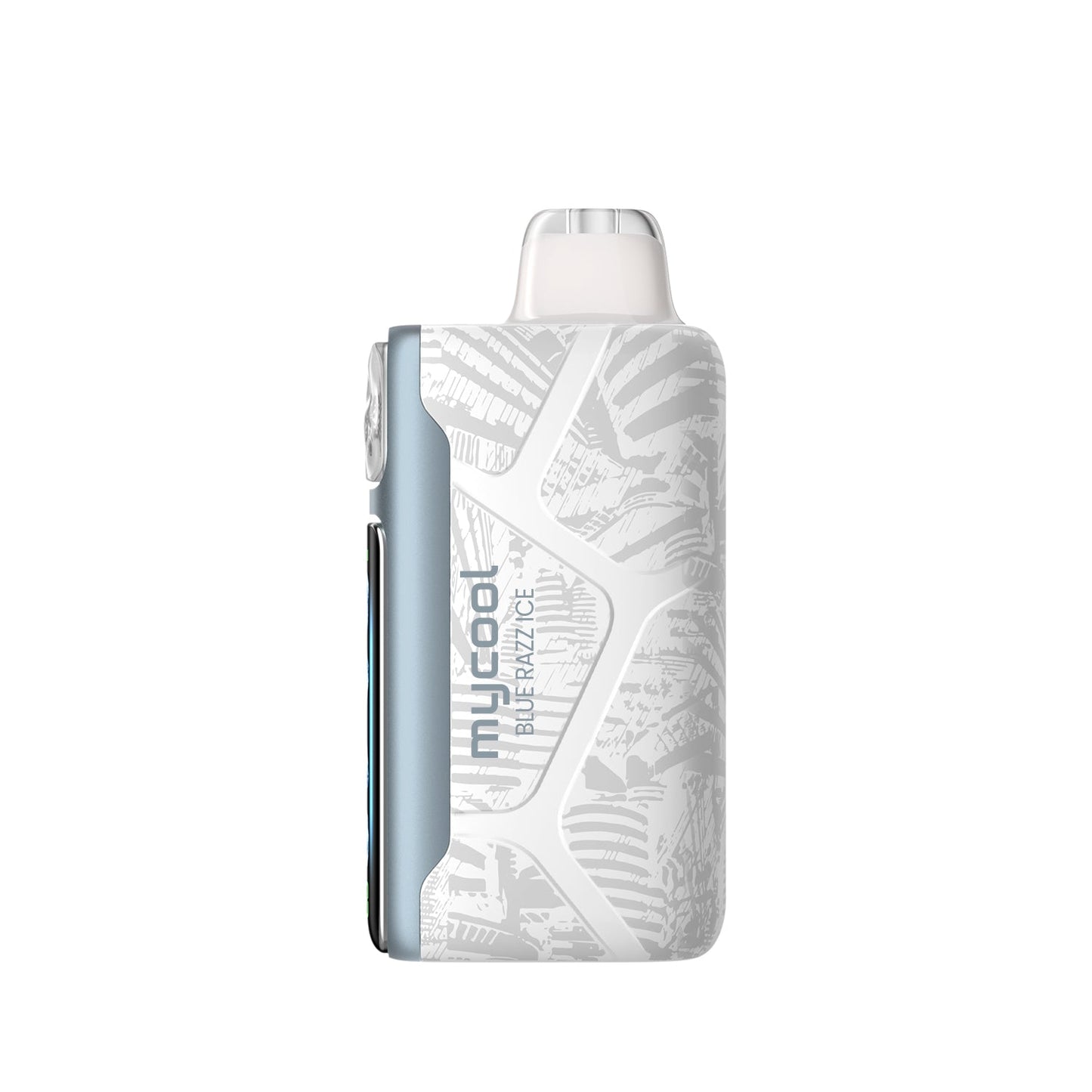 Adjust MyCool Blue Razz Ice 40K Puffs Disposable Vape - Featuring a refreshing blue raspberry with ice flavor and adjustable cooling feature, 5% nicotine strength, soft blue and white design.