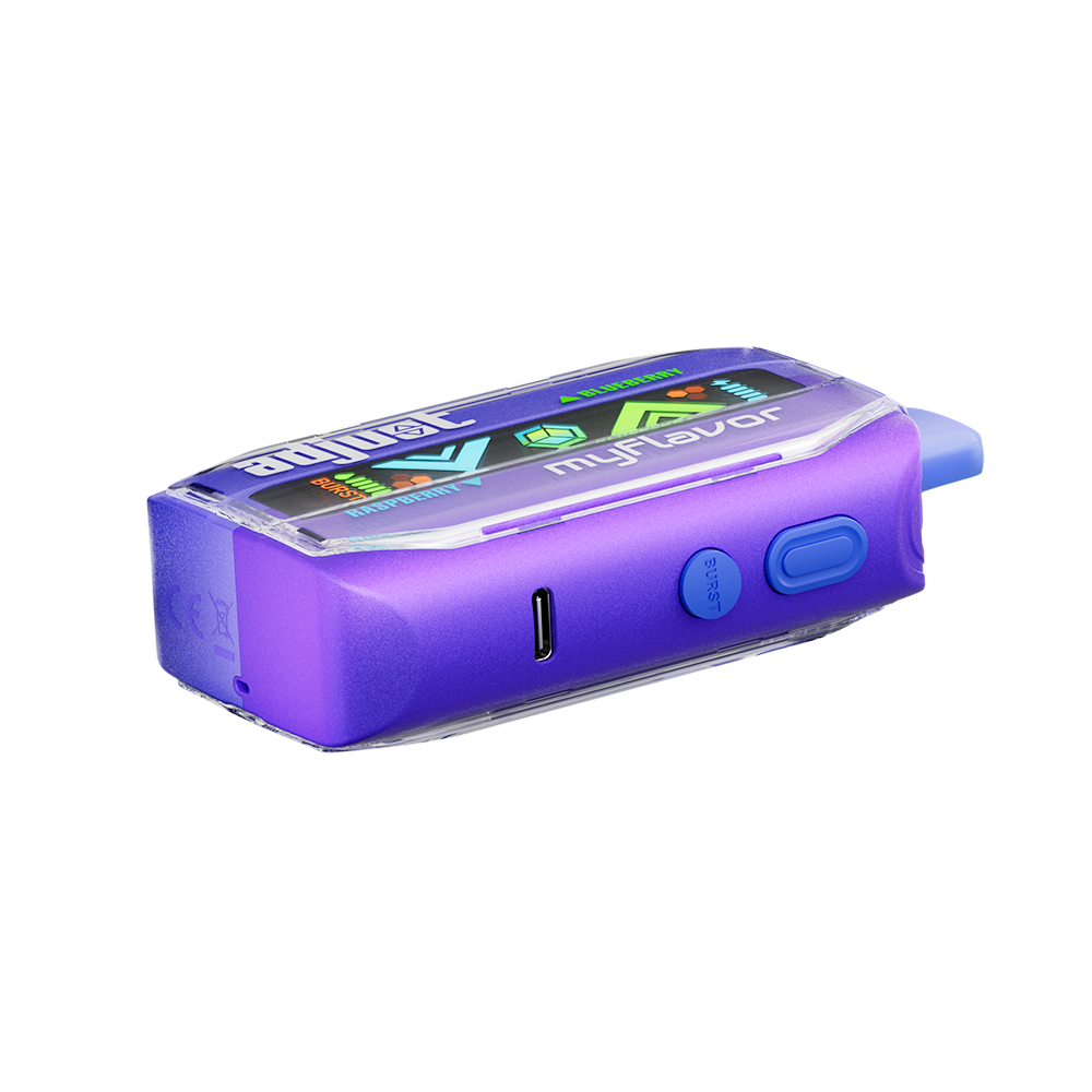 Adjust MyFlavor vape device in a bold purple design, highlighting the Blue Raspberry Ice flavor. Features customizable burst mode with up to 20K puffs, normal mode up to 40K puffs, and an interactive screen for tailored vaping preferences, delivering a premium flavor experience.