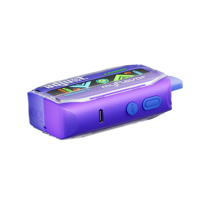 Adjust MyFlavor vape device in a bold purple design, highlighting the Blue Raspberry Ice flavor. Features customizable burst mode with up to 20K puffs, normal mode up to 40K puffs, and an interactive screen for tailored vaping preferences, delivering a premium flavor experience.