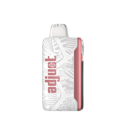 Adjust MyCool Cherry Strazz 40K Puffs Disposable Vape - Soft pink and white device featuring Cherry Strawberry flavor with adjustable cooling levels, 5% nicotine strength, and a digital display to adjust the cooling for a customizable vaping experience.