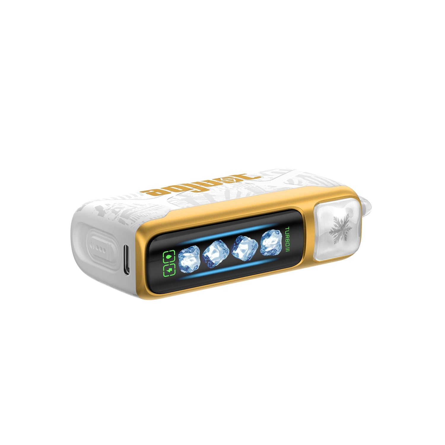 Adjust MyCool Mango Magic 40K Puffs Disposable Vape- White and gold- colored device featuring a tropical mango flavor with adjustable cooling levels, 5% nicotine strength, and a vibrant design, with a clear display of customizable options.