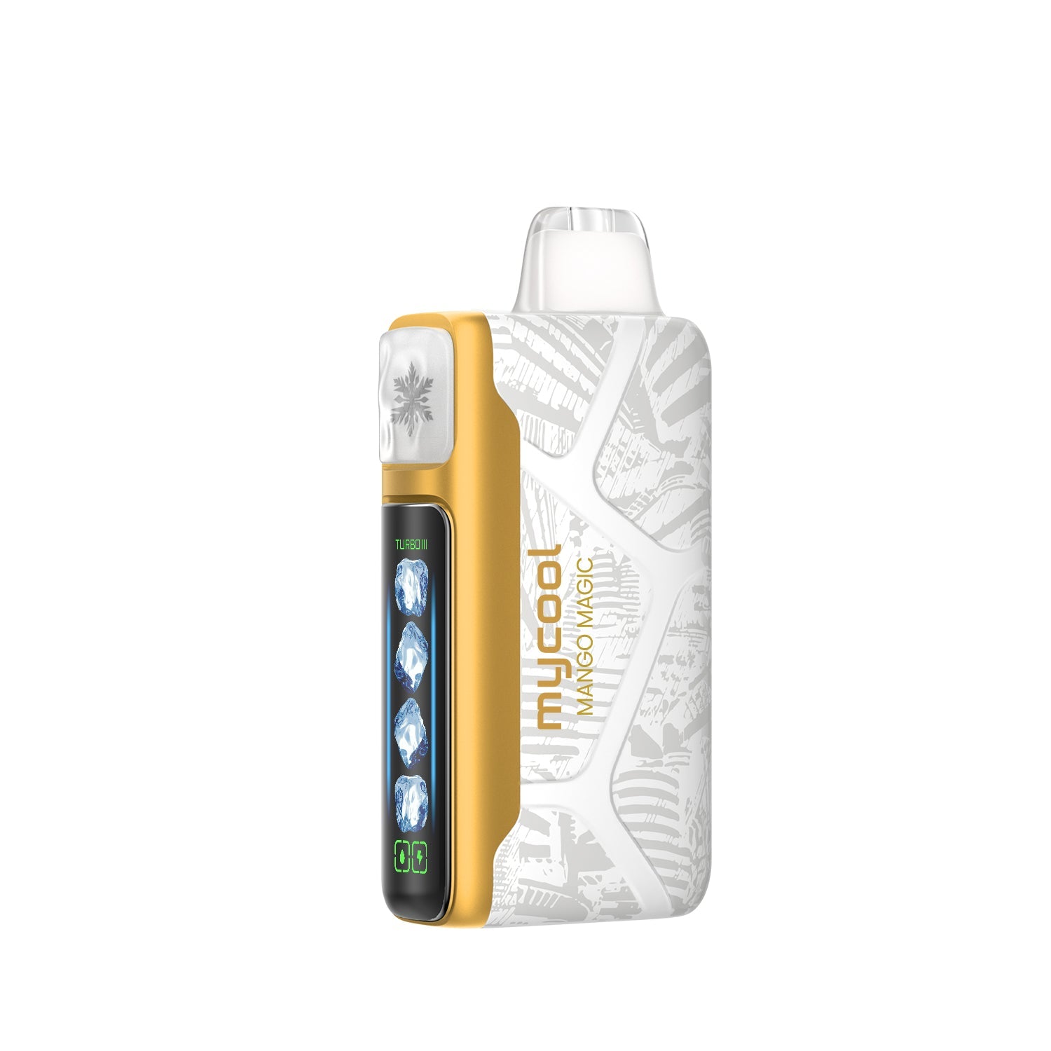 Adjust MyCool Mango Magic 40K Puffs Disposable Vape- White and gold- colored device featuring a tropical mango flavor with adjustable cooling levels, 5% nicotine strength, and a vibrant design, with a clear display of customizable options.