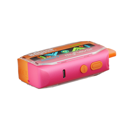 Adjust MyFlavor Orange Strawberry 40K Puffs Disposable Vape Packaging- Orange Strawberry-flavored vape with 6 adjustable flavor intensity settings, rechargeable design, 5% nicotine strength, vibrant orange and pink packaging.