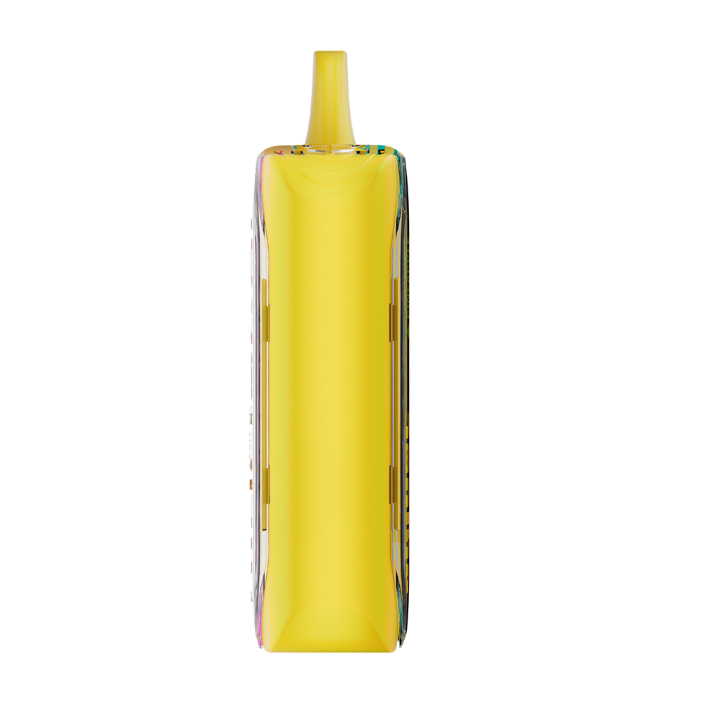 Adjust MyFlavor Pineapple Peach Ice vape device featuring a vibrant yellow and teal design. Enjoy 6 adjustable mint flavors with Burst Mode (up to 20K puffs) and Normal Mode (up to 40K puffs), offering a customizable vaping experience with an interactive screen.