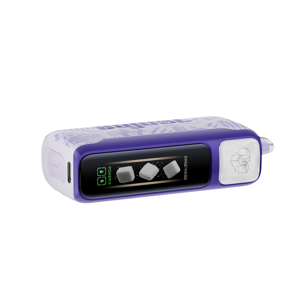 Adjust MySweet Raspberry Orange Disposable Vape Device - Showcasing a stylish purple and white design with customizable sweetness levels, rechargeable capability, and an intuitive display screen.