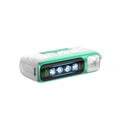 Adjust MyCool Sour Apple Ice 40K Puffs Disposable Vape- Featuring a sleek design with white and green accents, this adjustable disposable vape delivers a smooth Sour Apple Ice flavor with customizable cooling levels. 40K puffs, 5% nicotine strength, and a cooling feature with 5 adjustable levels. Nicotine warning label included for safety.