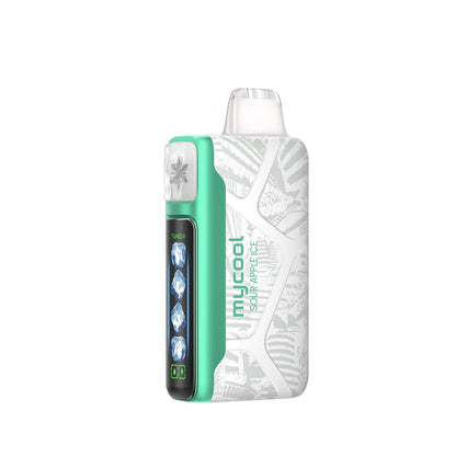 Adjust MyCool Sour Apple Ice 40K Puffs Disposable Vape- Featuring a sleek design with white and green accents, this adjustable disposable vape delivers a smooth Sour Apple Ice flavor with customizable cooling levels. 40K puffs, 5% nicotine strength, and a cooling feature with 5 adjustable levels. Nicotine warning label included for safety.