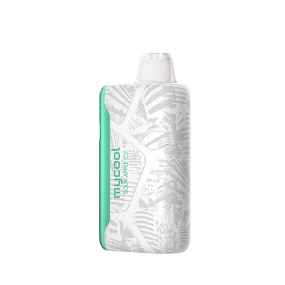 Adjust MyCool Sour Apple Ice 40K Puffs Disposable Vape- Featuring a sleek design with white and green accents, this adjustable disposable vape delivers a smooth Sour Apple Ice flavor with customizable cooling levels. 40K puffs, 5% nicotine strength, and a cooling feature with 5 adjustable levels. Nicotine warning label included for safety.