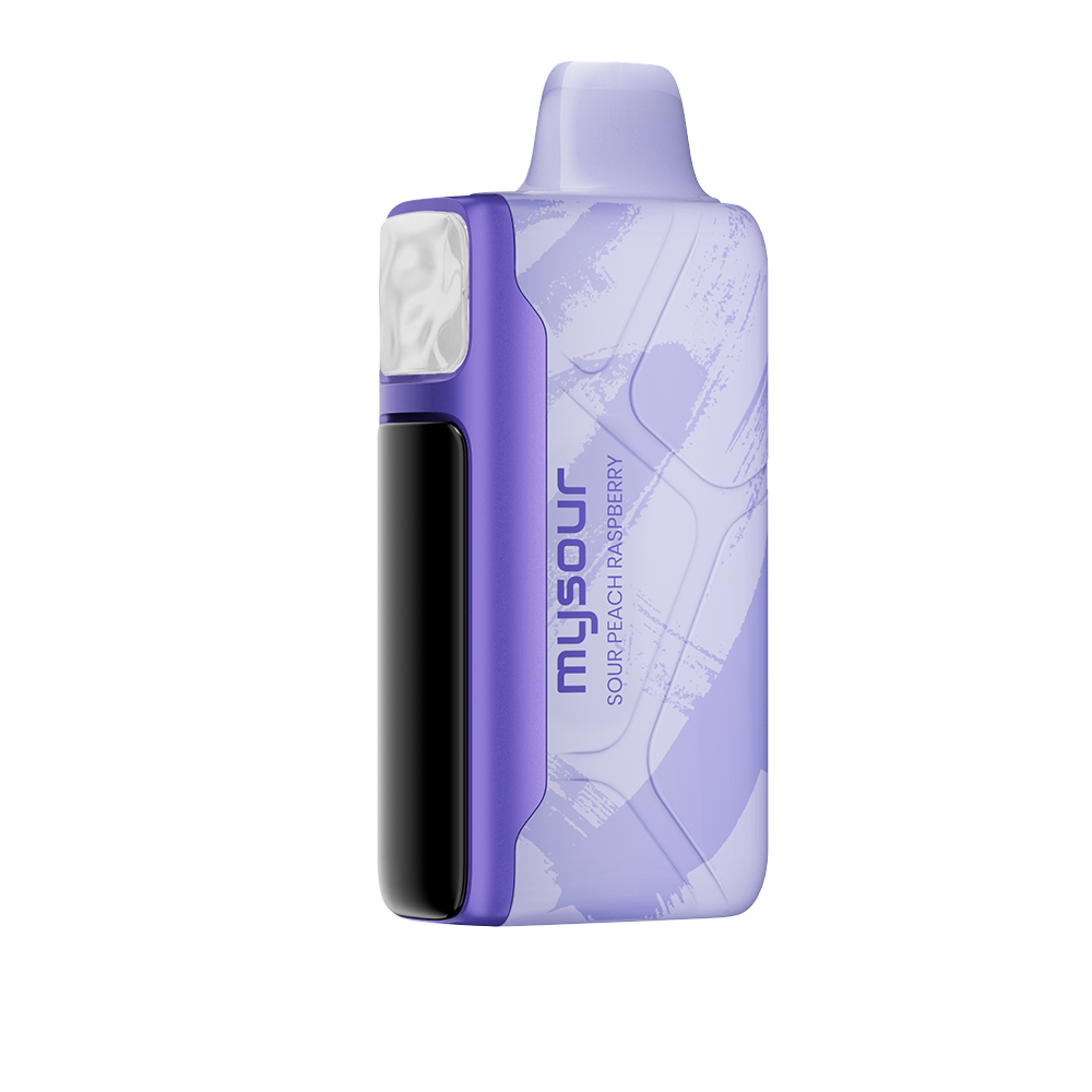 MySour Sour Peach Raspberry disposable vape device featuring a stylish purple design, ergonomic build, and modern display. Premium flavored vape for a smooth and satisfying vaping experience.