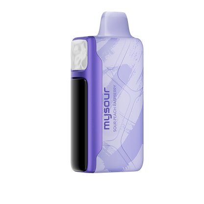 MySour Sour Peach Raspberry disposable vape device featuring a stylish purple design, ergonomic build, and modern display. Premium flavored vape for a smooth and satisfying vaping experience.