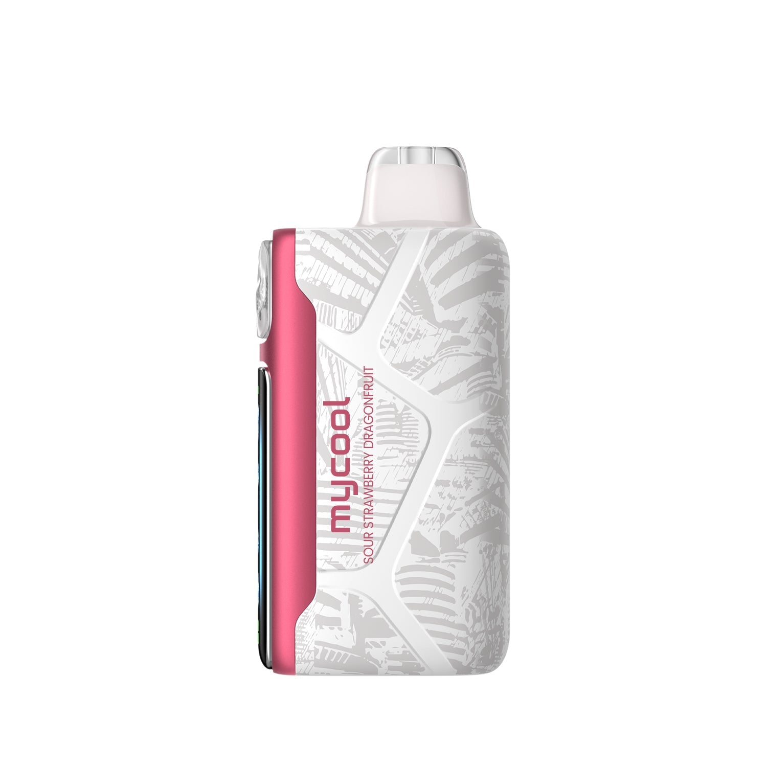 Adjust MyCool Sour Strawberry Dragonfruit 40K Puffs Disposable Vape - Pink and white device featuring a bold combination of sour strawberry and dragonfruit flavors, adjustable cooling levels, 5% nicotine strength, and a clear display showing customizable options for a smooth vaping experience.