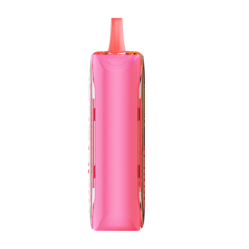 Adjust MyFlavor Strawberry Banana vape device featuring a sleek design with a vibrant pink and yellow color scheme. Offers 6 adjustable flavor profiles, customizable burst and normal puff modes, and an interactive screen for a personalized vaping experience.