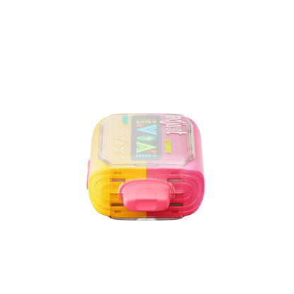 Adjust MyFlavor Strawberry Banana vape device featuring a sleek design with a vibrant pink and yellow color scheme. Offers 6 adjustable flavor profiles, customizable burst and normal puff modes, and an interactive screen for a personalized vaping experience.