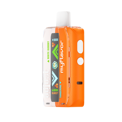 Adjust MyFlavor Tangerine White Gummy vape device with a vibrant orange and white design. Features 6 adjustable flavor profiles, including Tangerine White Gummy, with Burst Mode (up to 20K puffs) and Normal Mode (up to 40K puffs), offering a customizable vaping experience with an interactive screen.