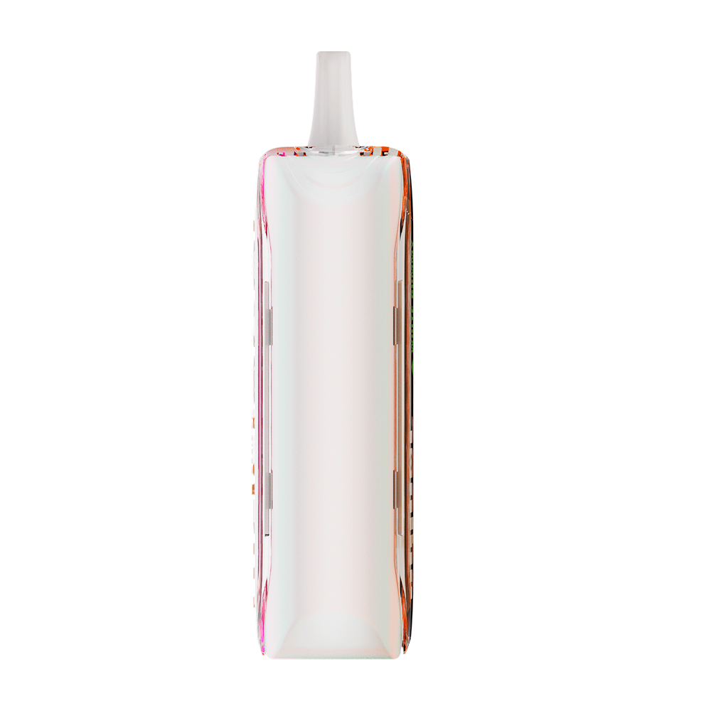 Adjust MyFlavor Tangerine White Gummy vape device with a vibrant orange and white design. Features 6 adjustable flavor profiles, including Tangerine White Gummy, with Burst Mode (up to 20K puffs) and Normal Mode (up to 40K puffs), offering a customizable vaping experience with an interactive screen.