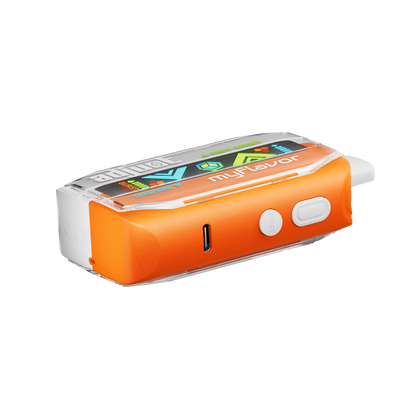 Adjust MyFlavor Tangerine White Gummy vape device with a vibrant orange and white design. Features 6 adjustable flavor profiles, including Tangerine White Gummy, with Burst Mode (up to 20K puffs) and Normal Mode (up to 40K puffs), offering a customizable vaping experience with an interactive screen.