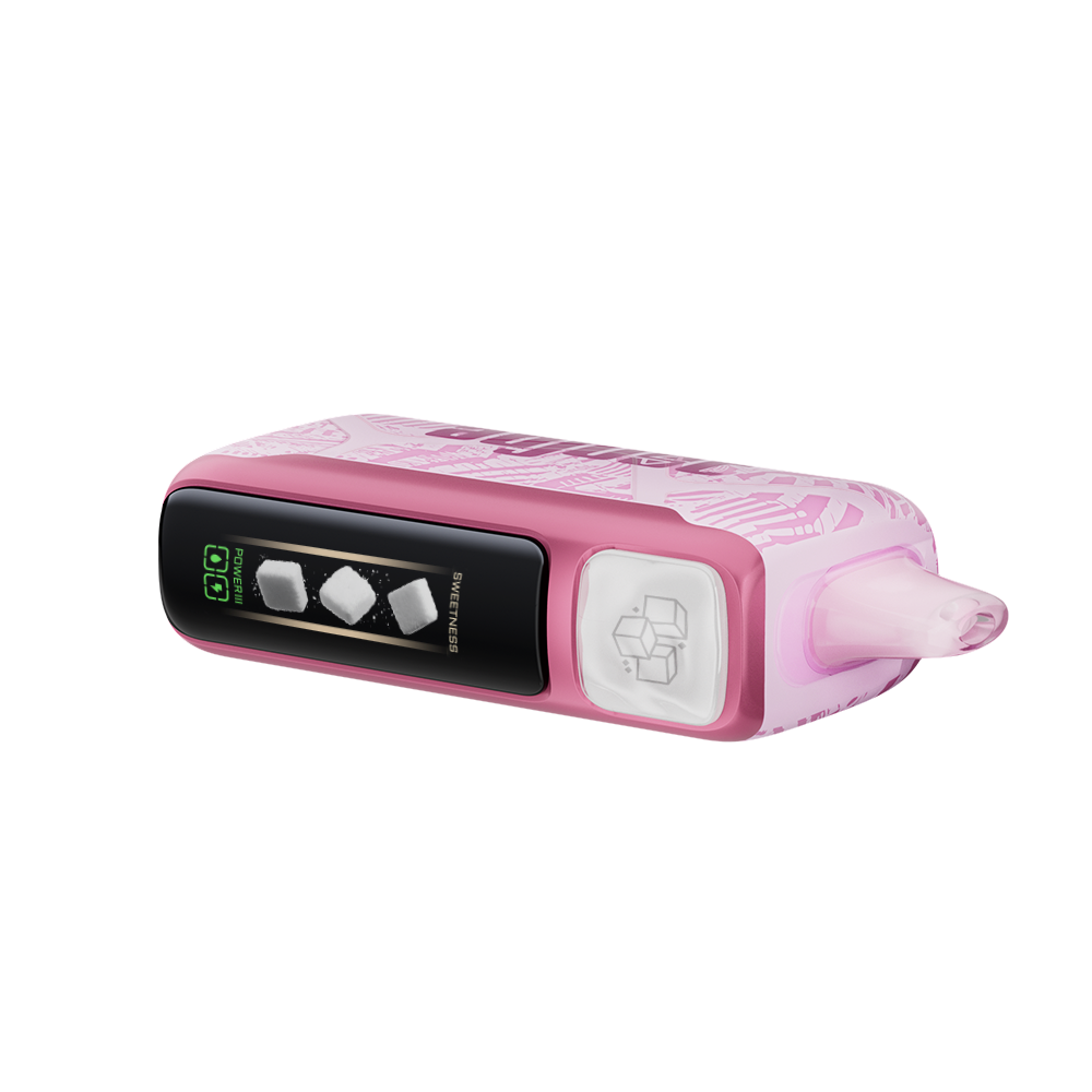 Adjust MySweet Triple Berry Disposable Vape Device - Featuring a sleek pink and white design with intricate patterns, rechargeable functionality, and adjustable sweetness levels for a modern vaping experience.