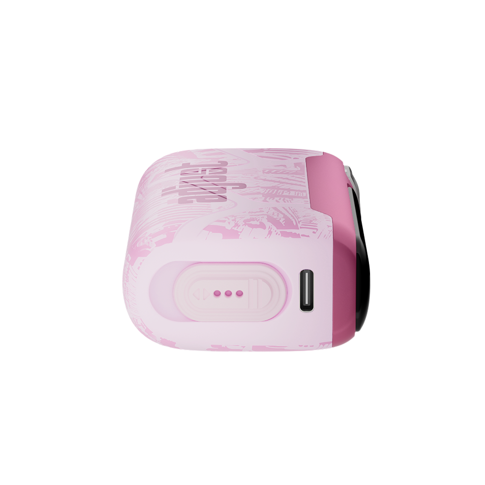 Adjust MySweet Triple Berry Disposable Vape Device - Featuring a sleek pink and white design with intricate patterns, rechargeable functionality, and adjustable sweetness levels for a modern vaping experience.